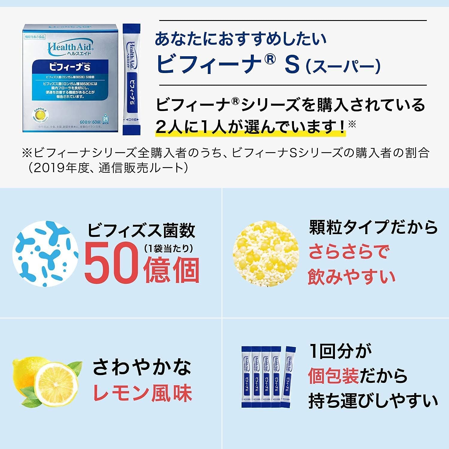 森下仁丹 ヘルスエイド ビフィーナS(スーパー) 60日分(60袋) 3個セット ビフィズス菌 乳酸菌 腸内フローラ サプリメント 機能性表示食品 - 画像 (3)